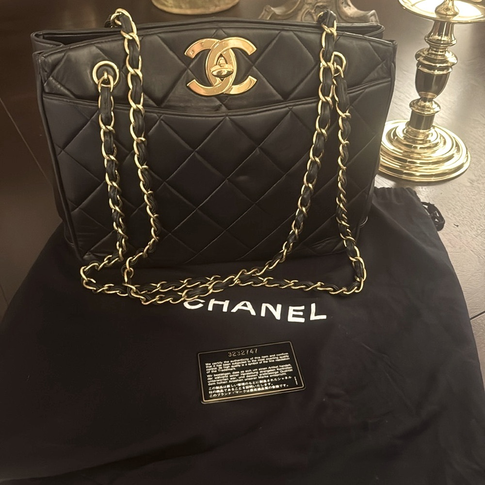 Chanel Vintage Black Quilted Lambskin Leather Tote Bag